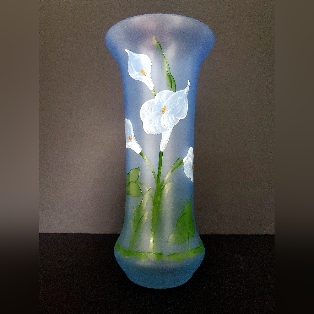 Tall Blue Satin Glass Vase Frosted Hand Painted White Calla Lilles Fluted Rim